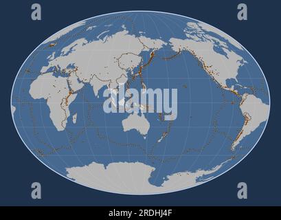 Shape of the Mariana tectonic plate on the solid contour map in the Fahey projection centered meridionally. Distribution of known volcanoes Stock Vector