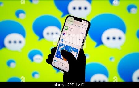 L'application Apple iMessage et le logo sont vus dans cette illustration photo le 21 juillet 2023 à Varsovie, Pologne. Banque D'Images