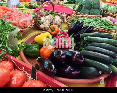 Légumes frais biologiques cultivés dans un étal de marché pour la vente au marché des agriculteurs en France. Banque D'Images