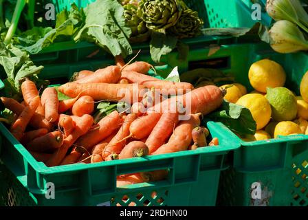 Boîtes en plastique vert avec des carottes et des citrons à vendre au marché fermier. Banque D'Images