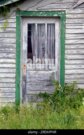 La maison abandonnée a craquelé et écaillé la peinture. La porte de la cuisine manque de poignée de porte et a des rideaux Vichy pourris. Le cadre autour de la porte était une fois vert, Banque D'Images