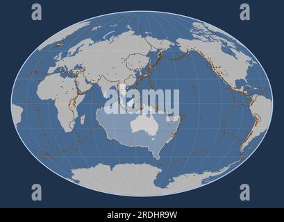 Plaque tectonique australienne sur la carte en contour solide dans la projection de Fahey centrée méridien. Répartition des volcans connus Illustration de Vecteur