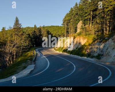 la route uludag bordée d'arbres avec des virages dangereux, l'autoroute serpente à travers les forêts de pins. Photo de haute qualité Banque D'Images