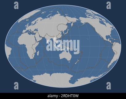 Shape of the Timor tectonic plate on the solid contour map in the Fahey projection centered meridionally. Boundaries of other plates Stock Vector