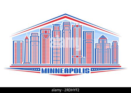 Illustration vectorielle de Minneapolis, badge horizontal avec design linéaire célèbre paysage de ville de minneapolis sur fond de ciel de jour, concept urbain d'art de ligne wi Illustration de Vecteur