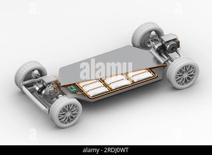 Vue en coupe du châssis de véhicule électrique avec deux moteurs et bloc-batterie à semi-conducteurs sur fond blanc. Image de rendu 3D. Banque D'Images