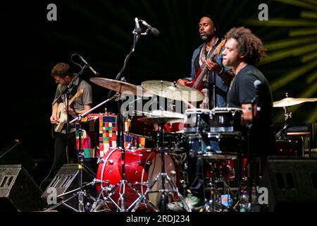 21 juillet 2023, Rome, Latium, Italie : Gianluca Petrella Cosmic Renaissance, DJ Nicola Conte et Makaya McCraven au Parco Osio Casa del Jazz ''heure d'été'' 2023 à Rome. (Image de crédit : © Daniela Franceschelli/Pacific Press via ZUMA Press Wire) USAGE ÉDITORIAL SEULEMENT! Non destiné à UN USAGE commercial ! Banque D'Images