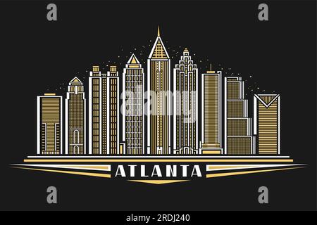 Illustration vectorielle d'Atlanta, affiche horizontale sombre avec design linéaire célèbre paysage de la ville d'atlanta sur fond de ciel crépusculaire, ligne urbaine américaine co Illustration de Vecteur