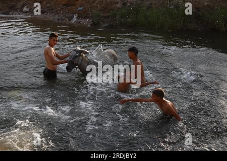 Gizeh, Égypte. 21 juillet 2023. Les garçons se refroidissent dans un canal pendant une canicule à Gizeh, en Égypte, le 21 juillet 2023. Crédit : Ahmed Gomaa/Xinhua/Alamy Live News Banque D'Images