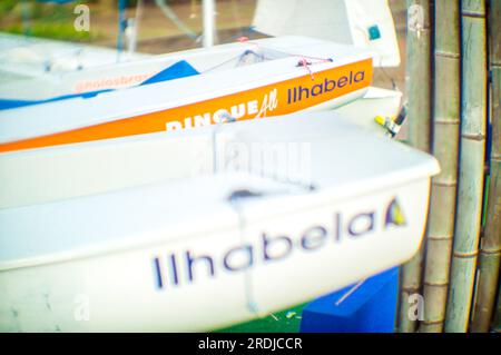 Ilhabela, Brazil. 20th July, 2023. Booths of the 50th Ilhabela International Sailing Week already set up at the Race Village, in Vila, in Ilhabela, SP, this Thursday, July 20th. The official opening of the Week takes place on Saturday, the 21st, at 7 pm, at the Race Village. Credit: Márcio Pannunzio/FotoArena/Alamy Live News Stock Photo