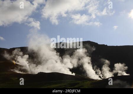 Nuages de vapeur au-dessus d'un champ thermique en Islande Banque D'Images