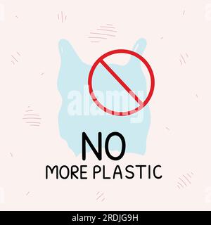 Plus d'affiche en plastique avec sac en plastique à usage unique interdit. Pollution plastique marine et océanique. Problèmes environnementaux mondiaux. Vecteur dessiné à la main illust Illustration de Vecteur