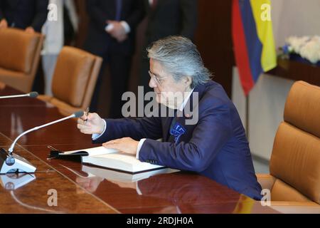 Nations Unies, New York, Etats-Unis, juillet 21 2023 - le Secrétaire général Antonio Guterres rencontre Guillermo Lasso Mendoza, Président de la République de l'Équateur. Aujourd'hui au Siège de l'Organisation des Nations Unies à New York. Photo : Luiz Rampelotto/EuropaNewswire Banque D'Images