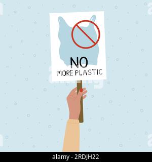 Plus d'affiche en plastique avec sac en plastique à usage unique interdit sur l'affiche dans la main féminine. Pollution plastique marine et océanique. Problèmes environnementaux mondiaux Illustration de Vecteur