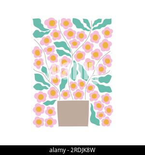 Art mural botanique tendance, affiche, modèle de carte. Jolie illustration moderne pinky de fleurs ondulées. Plante minimale de style Boho. Illustration de Vecteur