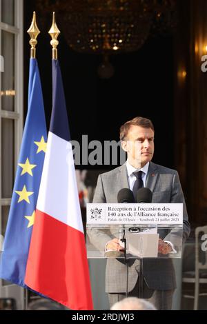 Paris, France. 21 juillet 2023. Le président Emmanuel Macron prend la ...