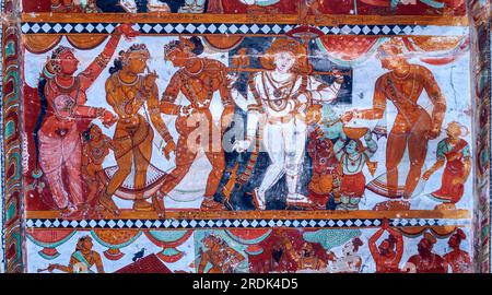 Peintures murales Nayak du 16e siècle fresques dans Thillai Nataraja Temple plafond, Chidambaram, Tamil Nadu, Inde du Sud, Inde, Asie Banque D'Images