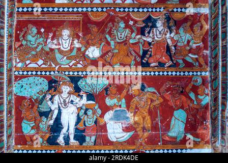 Peintures murales Nayak du 16e siècle fresques dans Thillai Nataraja Temple plafond, Chidambaram, Tamil Nadu, Inde du Sud, Inde, Asie Banque D'Images