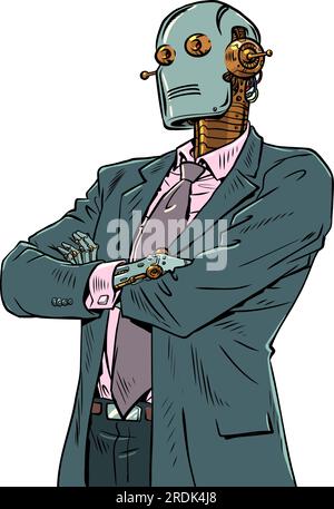 L’intelligence artificielle commence à reprendre les emplois des employés de bureau. Collaboration entre la technologie et l'homme. Un robot vintage dans une entreprise Illustration de Vecteur