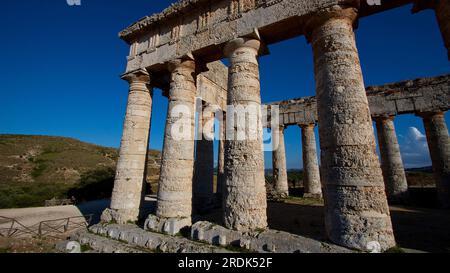 Evening light, Doric temple, Segesta, Super wide angle shot, Ancient site, Archaeological site, Doric, Trapani province, Sicily, Italy Stock Photo