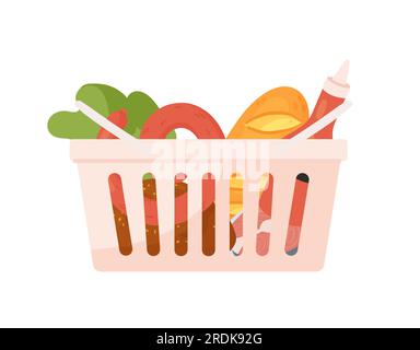 Panier de marché rempli de nourriture. Chariot d'épicerie, illustration vectorielle de fournitures alimentaires Illustration de Vecteur