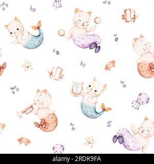 Modèle de bébé sans couture avec des chats mignons sirène, instruments de musique, habitants marins. Motif aquarelle dessiné à la main. Parfait pour tissu, textile, pack Banque D'Images