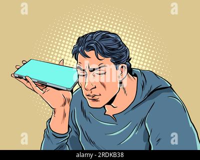 L'utilisation de messages vocaux dans les chats n'est pas pratique. Un homme écoute le son des haut-parleurs de son téléphone. Pop Art rétro Illustration de Vecteur