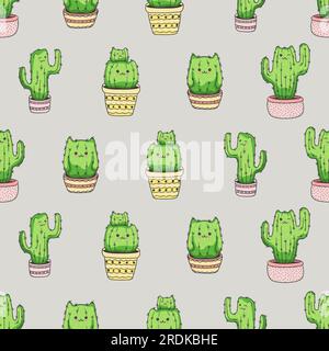 Motif sans couture Cactus cats. Fond vectoriel avec des cactus de dessin animé mignons dans des pots. Illustration de Vecteur