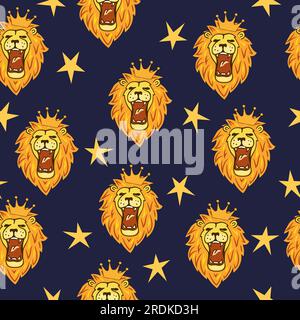 Motif lions rugissants sans couture avec couronnes et étoiles. Illustration de Vecteur
