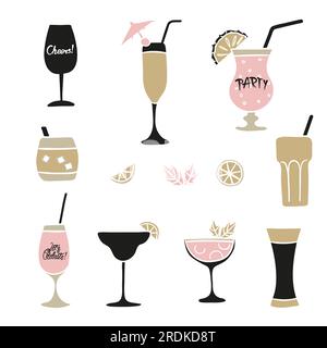 Ensemble de cocktails dessinés à la main. Collection vectorielle de boissons alcoolisées. Illustration de Vecteur