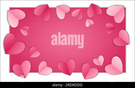 Arrière-plan de la Saint-Valentin avec espace de copie, illustration vectorielle. 3d couleurs rouge, rose, blanc coeurs sur fond rose, bannière. Carte de Saint-Valentin Illustration de Vecteur