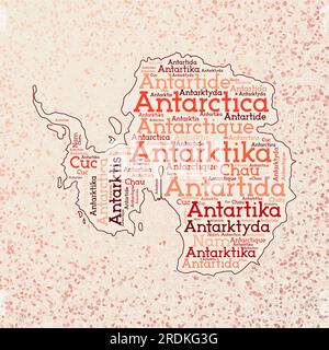 Forme Antarctique avec noms de pays nuage de mots en plusieurs langues. Carte frontière Antarctique sur des triangles puissants dispersés autour. Illustration de Vecteur