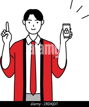 Homme portant un manteau happi rouge prenant des mesures de sécurité pour son téléphone, Vector Illustration Illustration de Vecteur