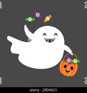 Mignon fantôme blanc tenir panier de toffy. Personnage de dessin animé Halloween. Conception plate. Vecteur . Illustration de Vecteur