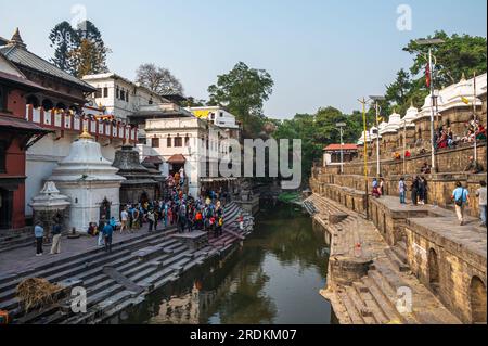 Katmandou, Népal - 17 avril 2023 : un rituel de crémations hindoues au temple Pashupatinath et à la rivière Bagmati, l'un des plus grands et plus anciens temples hindous de Th Banque D'Images