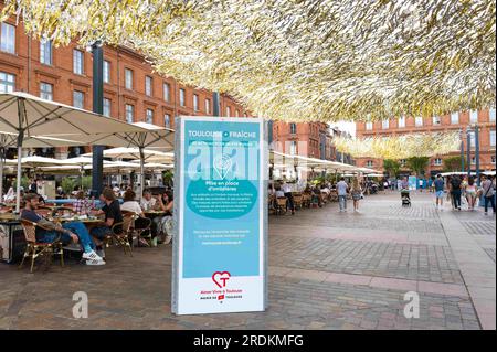 Toulouse, France. 22 juillet 2023. Un panel d’information de la Maire de Toulouse Fresh, 30 actions pour un été plus frais. Ici, mettre en place des arbres d'ombrage. Les systèmes d'ombrage saisonniers rafraîchissent les rues de Toulouse, ici la place du Capitole. France, Toulouse le 21 juillet 2023. Photo de Patricia Huchot-Boissier/ABACAPRESS.COM crédit : Abaca Press/Alamy Live News Banque D'Images