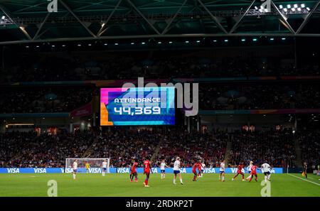 Le grand écran montre la participation de 44 369 lors de la coupe du monde féminine de la FIFA 2023, match du groupe D au Brisbane Stadium, Brisbane. Date de la photo : Samedi 22 juillet 2023. Banque D'Images