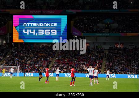 Le grand écran montre la participation de 44 369 lors de la coupe du monde féminine de la FIFA 2023, match du groupe D au Brisbane Stadium, Brisbane. Date de la photo : Samedi 22 juillet 2023. Banque D'Images