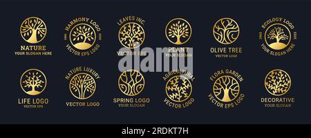 Arborescence du logo. Collection d'arbres dorés, chêne rond, goutte d'eau organique, huile moderne, logotype de feuilles, symbole du jardin de la nature, ferme de fleurs. Emblème ou badge. Etiquette cercle simple. Silhouette décorative à base de plantes vectorielles Illustration de Vecteur