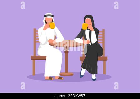 Dessin de style plat de dessin animé couple amoureux boit du café dans le café. Homme arabe et femme sont assis à table dans le restaurant confortable. Petit déjeuner matin Banque D'Images