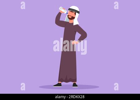 Dessin plat de caractère de jeune homme arabe debout et buvant de l'eau fraîche de bouteille avec sa main droite après remise en forme ou entraînement. Mode de vie sain Banque D'Images