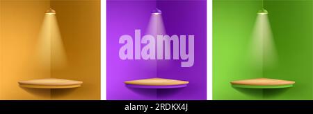podium 3d. Affichage coloré lumineux avec projecteur, lumières de la pièce, scène du produit sur le mur du studio, scène vide d'angle, support de plate-forme minimal pour la présentation cosmétique. Fond de vitrine réaliste vectoriel Illustration de Vecteur