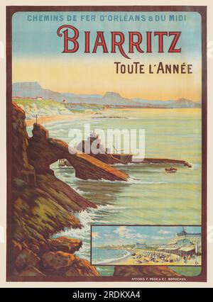 Chemins de fer d'Orléans et du midi. Biarritz toute l'année de F. Dumoulin (dates inconnues). Affiche publiée en 1914 en France. Banque D'Images