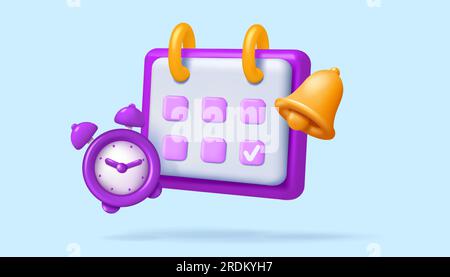 Calendrier 3D. Icônes de gestion du temps. Planning mensuel. Réveil. Notification de rappel pour la date de l'événement. Échéance de l'ordre du jour. Sonnette d'alerte. Planification hebdomadaire des rendez-vous. Planificateur de rendu et minuteur. Concept vectoriel Illustration de Vecteur