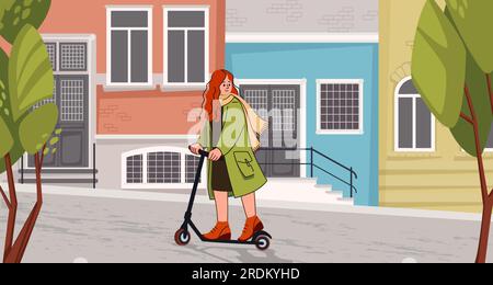 Scooter d'équitation de fille. Femme City Drive. Puissance de vitesse électronique. Adolescent marchant dans la rue. Jeune sur vélo électrique. Personnage sportif heureux. Transports modernes. Bâtiment urbain. Illustration vectorielle Illustration de Vecteur