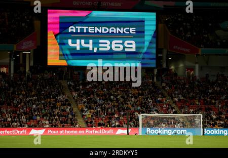 Le grand écran montre la participation de 44 369 personnes après la coupe du monde féminine de la FIFA 2023, match du groupe D à Lang Park, Brisbane. Date de la photo : Samedi 22 juillet 2023. Banque D'Images