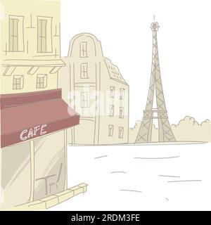 Vieille rue de Paris, architecture européenne et café avec la tour eiffel. Le charme de la capitale de la france, les bâtiments historiques et l'aspect authentique, la culture et Illustration de Vecteur