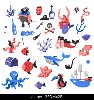 Vie marine et nautique, sous-marine et habitants de l'océan. Sirène et algues, coffre avec trésors pirates, bouteille de course et de poisson, poulpe et shi Illustration de Vecteur