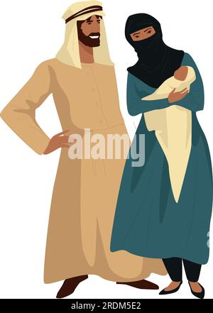 Père et mère tenant enfant nouveau-né, mère et père avec bébé, famille musulmane heureuse. Homme et femme portant des vêtements traditionnels pour les pays islamiques, Illustration de Vecteur