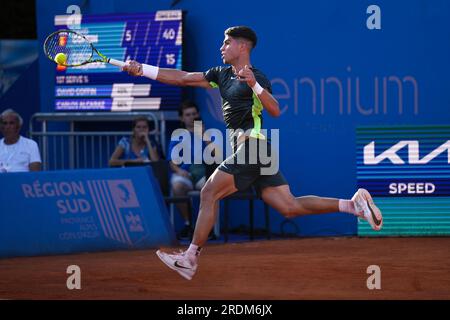 21 juillet 2023, Nice, Provence-Alpes-CÃ te Azur, FRANCE : CARLOS ALCARAZ d'Espagne en action lors de la Hopman Cup 2023, Championnats du monde Mixte Team de l'ITF le 21 juillet 2023 au Nice Lawn tennis Club à Nice, France (crédit image : © Emilie Lohmann/ZUMA Press Wire) USAGE ÉDITORIAL UNIQUEMENT! Non destiné à UN USAGE commercial ! Banque D'Images